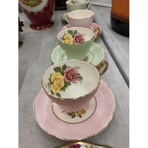 170 - A ROYAL ALBERT 'PEPPERMINT DAMASK' TRIO PLUS FOUR IMPERIAL CHINA CUPS AND SAUCERS