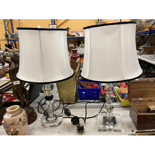 186 - TWO MODERN GLASS TABLE LAMPS WITH BLACK AND WHITE SHADES