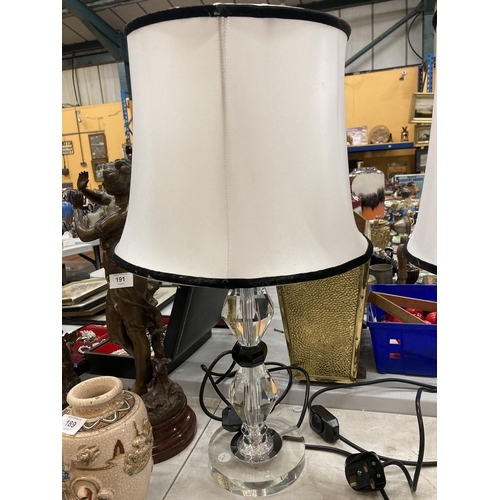 186 - TWO MODERN GLASS TABLE LAMPS WITH BLACK AND WHITE SHADES