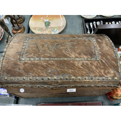 217 - A VICTORIAN PONY SKIN TRUNK WITH DOMED TOP WITH THE INITIALS W. F. HEIGHT 30CM, WIDTH 50CM, DEPTH 31... 