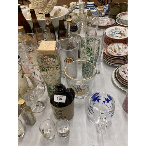 246 - A COLLECTION OF VINTAGE BREWERIANA TO INCLUDE GLASSES, BOTTLES, SMALL FLAGONS ETC