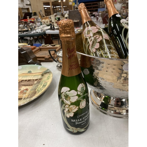 253 - A LARGE CHAMPAGNE/WINE COOLER BOWL WITH FIVE HANDPAINTED CHAMPAGNE BOTTLES