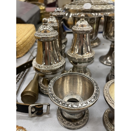 269 - A QUANTITY OF WHITE METAL AND SILVER PLATED ITEMS TO IONCLUDE FLATWARE, CONDIMENTS, BEAKERS, ROSE BO... 