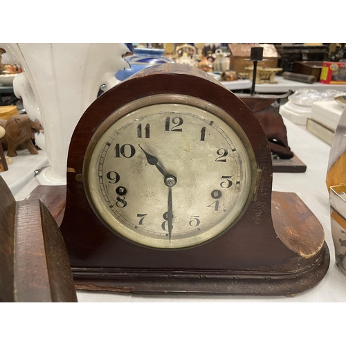 284 - TWO VINTAGE MANTLE CLOCKS, A DECO MIRROR AND A SEAL STAMP