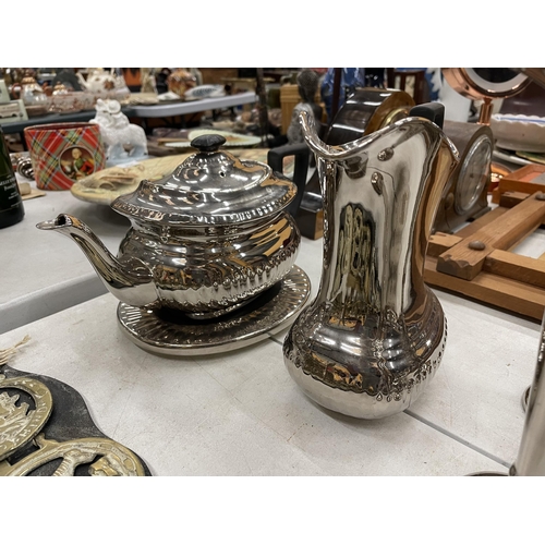 287 - A DEVONWARE SILVER TEASET (SUGAR DISH HANDLE A/F) AND A PAIR OF SILVER VICTORIAN WARE CANDLESTICKS