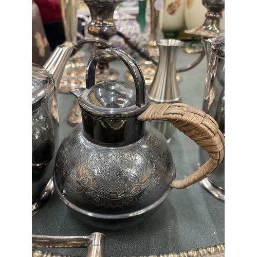 920 - VARIOUS SILVER PALTED ITEMS TO INCLUDE A CANDLEABRA, CANDLESTICKS, HANDLES TRAY, TEA AND COFFEE POTS... 