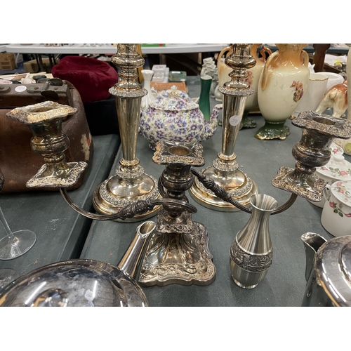 920 - VARIOUS SILVER PALTED ITEMS TO INCLUDE A CANDLEABRA, CANDLESTICKS, HANDLES TRAY, TEA AND COFFEE POTS... 