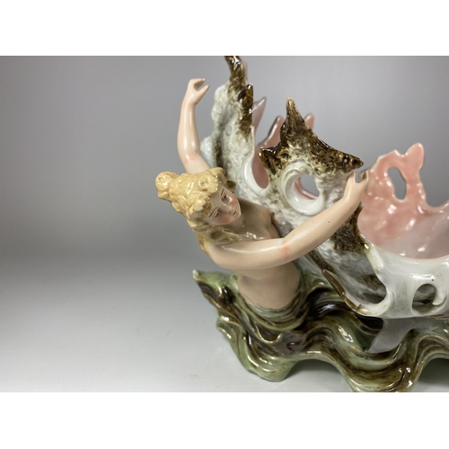 783 - AN UNUSUAL CONTINENTAL PORCELAIN MERMAID DESIGN BASKET, BLUE MARK TO BASE