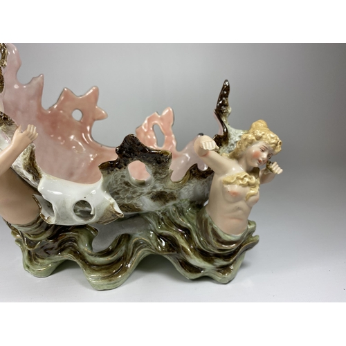 783 - AN UNUSUAL CONTINENTAL PORCELAIN MERMAID DESIGN BASKET, BLUE MARK TO BASE