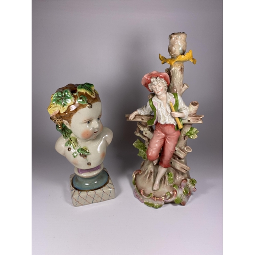 788 - TWO ITEMS TO INCLUDE A STAFFORDSHIRE TYPE FIGURE AND CONTINENTAL PORCELAIN BOY TABLE LAMP, CROSS MAR... 