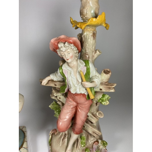 788 - TWO ITEMS TO INCLUDE A STAFFORDSHIRE TYPE FIGURE AND CONTINENTAL PORCELAIN BOY TABLE LAMP, CROSS MAR... 