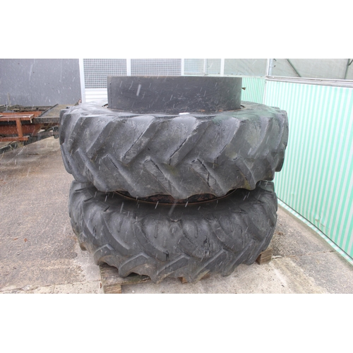 220 - A PAIR OF DUAL WHEELS GOOD TYRES 16.9 R38  COMPLETE WITH CLAMPS & PINS+ VAT