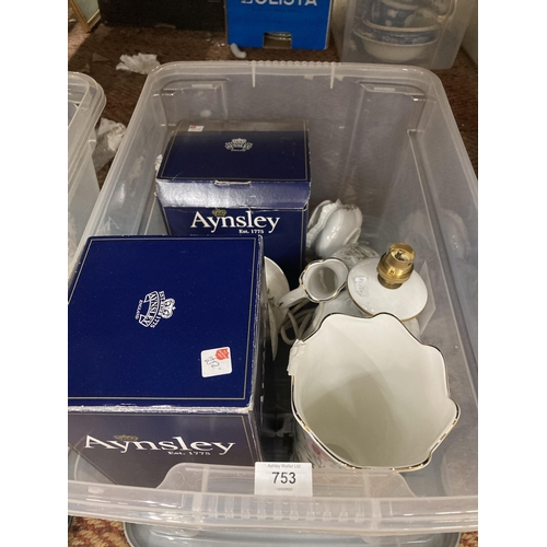 753 - A BOX CONTAINING AYNSLEY CERAMICS, BOXED ITEMS ETC