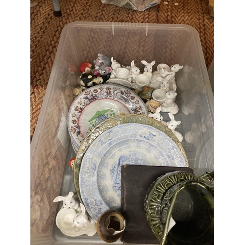 759 - THREE BOXES OF ASSORTED ITEMS TO INCLUDE ROYAL STANFORD, EPNS TEAPOTS, RABBIT FIGURES ETC