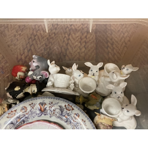 759 - THREE BOXES OF ASSORTED ITEMS TO INCLUDE ROYAL STANFORD, EPNS TEAPOTS, RABBIT FIGURES ETC