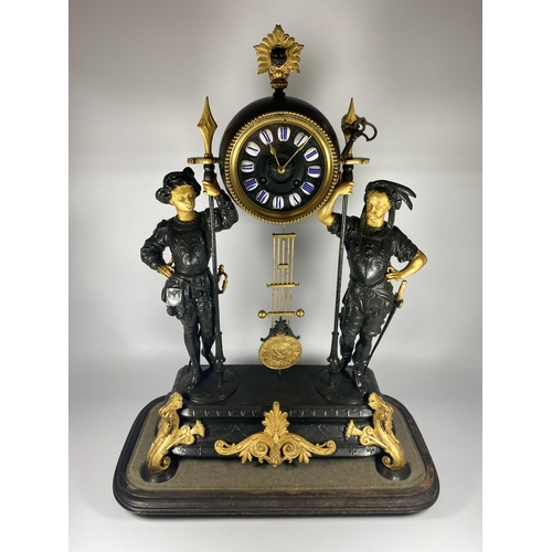 12 - A FRENCH JAPY FERERES SPELTER TWO TRAIN DOMED CLOCK WITH TWIN FIGURAL DESIGN, DOME HEIGHT 64CM, WITH... 