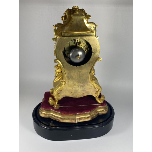 14 - A C.1820-30 YVERIES OF PARIS, FRENCH GILT MANTLE CLOCK WITH GLASS DOME WITH 8 DAY FRENCH MOVEMENT, D... 