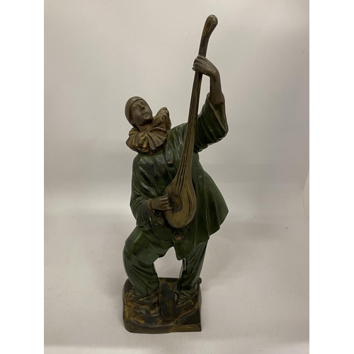 79 - A COLD PAINTED BRONZE MODEL OF A JESTER MUSICIAN, HEIGHT 43CM