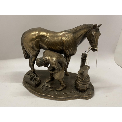 97 - A VINTAGE BRONZE EFFECT MODEL OF A BLACKSMITH WITH HORSE