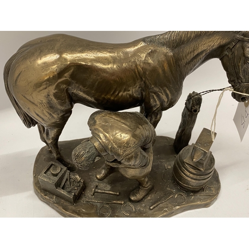 97 - A VINTAGE BRONZE EFFECT MODEL OF A BLACKSMITH WITH HORSE