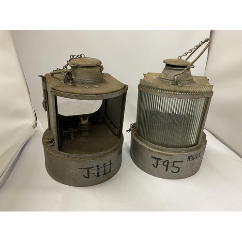 105 - A PAIR OF VINTAGE BRITISH RAIL BOW FRONTED LAMPS