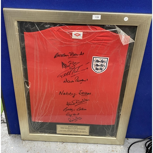 115 - A FRAMED AUTHENTIC 1966 ENGLAND WORLD CUP FOOTBALL SHIRT SIGNED BY GORDON BANKS, GEOFF HURST, JACK C... 