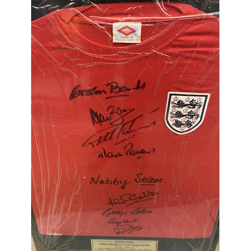 115 - A FRAMED AUTHENTIC 1966 ENGLAND WORLD CUP FOOTBALL SHIRT SIGNED BY GORDON BANKS, GEOFF HURST, JACK C... 
