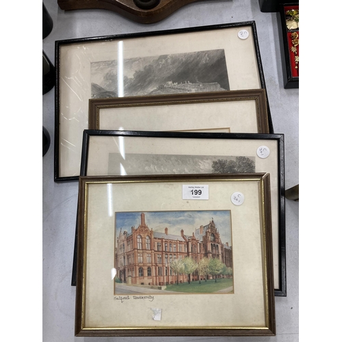 199 - FOUR FRAMED PRINTS AND PAINTINGS TO INCLUDE SALFORD UNIVERSITY, DOVER CASTLE AND LAMBTON CASTLE