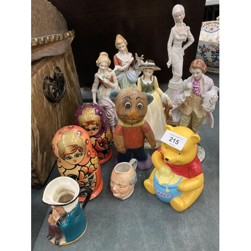 215 - A QUANTITY OF FIGURES TO INCLUDE RUSSIAN DOLLS, LADY FIGURINES, ETC