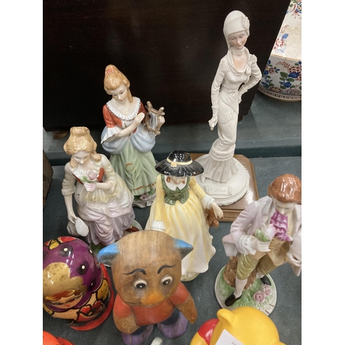 215 - A QUANTITY OF FIGURES TO INCLUDE RUSSIAN DOLLS, LADY FIGURINES, ETC