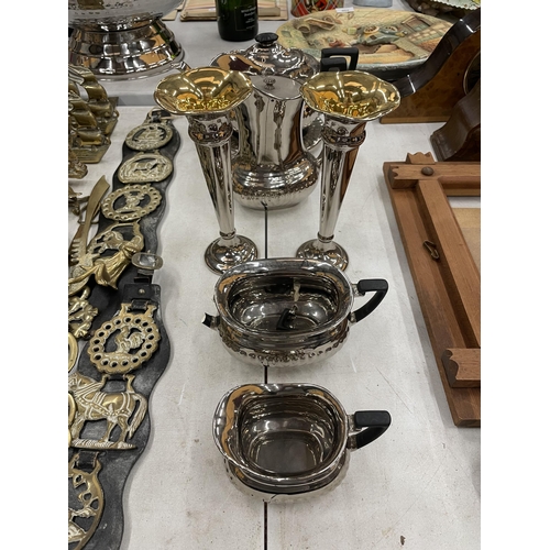 287 - A DEVONWARE SILVER TEASET (SUGAR DISH HANDLE A/F) AND A PAIR OF SILVER VICTORIAN WARE CANDLESTICKS