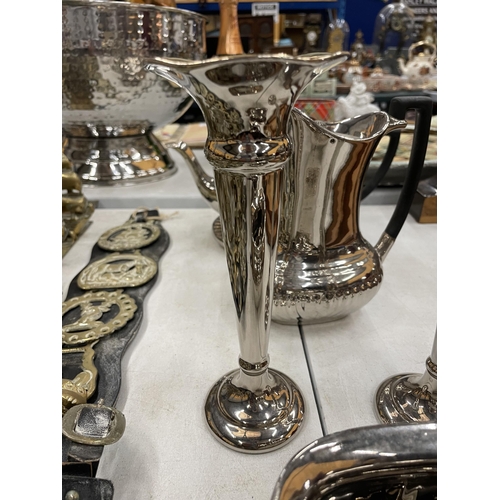 287 - A DEVONWARE SILVER TEASET (SUGAR DISH HANDLE A/F) AND A PAIR OF SILVER VICTORIAN WARE CANDLESTICKS