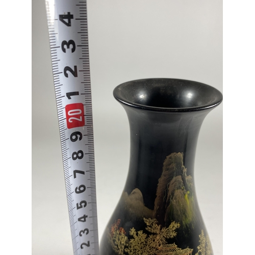 362 - A MID 20TH CENTURY CHINESE FUZHOU BLACK LACQUERED GILT DESIGN VASE ON STAND, HEIGHT 21CM