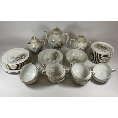 417 - A VINTAGE LARGE JAPANESE EGGSHELL PORCELAIN TEA SET WITH LANDSCAPE DESIGN, TEAPOT HEIGHT 18CM