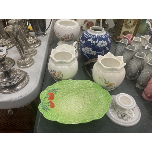 948 - A QUANTITY OF CERAMIC ITEMS TO INCLUDE A SPANIEL FIGURE, BURLEIGH WARE JUG, PRUNUS BLOSSOM JAR, A PA... 