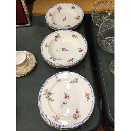 974 - THREE ANTIQUE PLATES AND FIVE MATCHING BOWLS WITH FLORAL DECORATION, BLUE EDGING AND A GILDED RIM