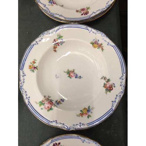 974 - THREE ANTIQUE PLATES AND FIVE MATCHING BOWLS WITH FLORAL DECORATION, BLUE EDGING AND A GILDED RIM