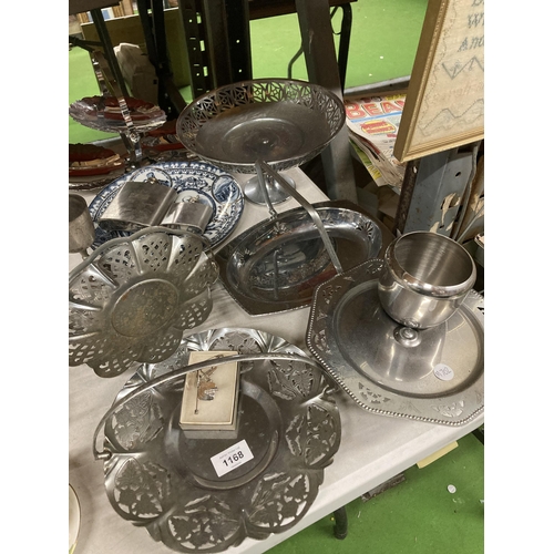 1168 - A QUANTITY OF SILVER PLATED ITEMS TO INCLUDE CAKE STANDS, A GOBLET, HIP FLASKS, ETC