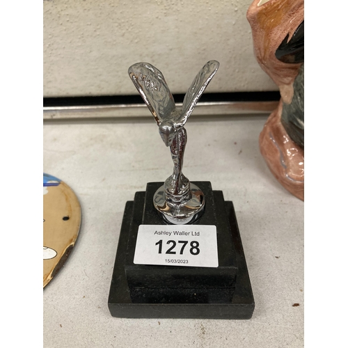 1278 - A CHROME SPIRIT OF ECSTASY ON A MARBLE BASE HEIGHT 12CM