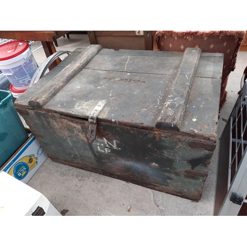 1867 - A LARGE VINTAGE WOODEN CHEST WITH METAL BANDING BELIEVED TO BE FROM LYME PARK