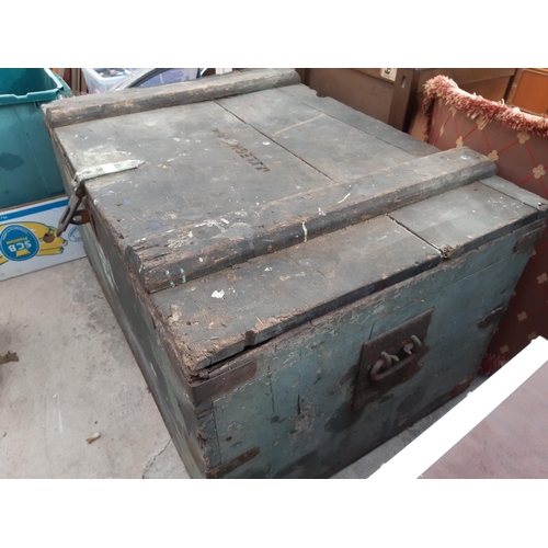 1867 - A LARGE VINTAGE WOODEN CHEST WITH METAL BANDING BELIEVED TO BE FROM LYME PARK