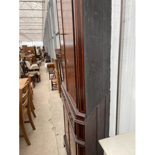 2550 - AN EDWARDIAN MAHOGANY AND VASE INLAID CORNER CUPBOARD WITH ARCHED TOP DOORS, SINGLE DRAWER AND CUPBO... 