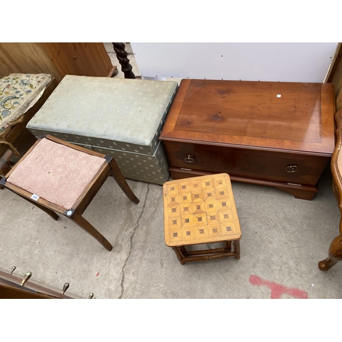 2669 - A MODERN OTTOMAN, DRESSING STOOL, YEW WOOD TV STAND AND NEST OF TWO BAMBOO TABLES