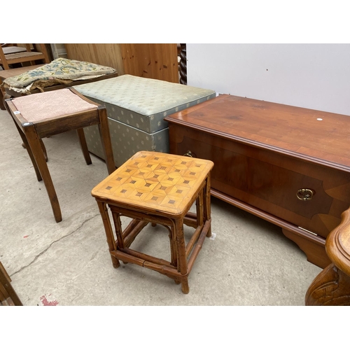 2669 - A MODERN OTTOMAN, DRESSING STOOL, YEW WOOD TV STAND AND NEST OF TWO BAMBOO TABLES