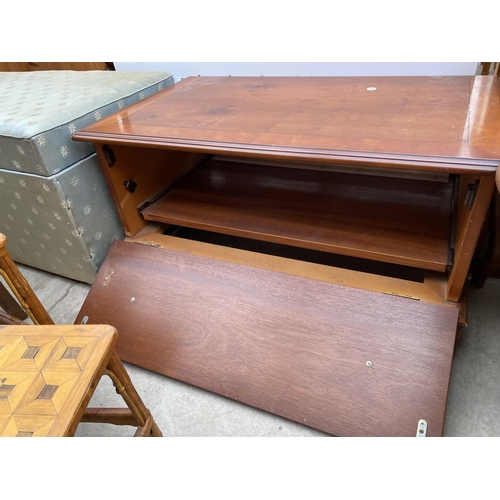 2669 - A MODERN OTTOMAN, DRESSING STOOL, YEW WOOD TV STAND AND NEST OF TWO BAMBOO TABLES