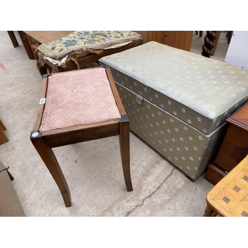 2669 - A MODERN OTTOMAN, DRESSING STOOL, YEW WOOD TV STAND AND NEST OF TWO BAMBOO TABLES