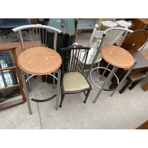 2684 - A PAIR OF 'CALLIGARI'S' HIGH BACK STOOLS ON POLISHED ALLOY FRAMES AND AN EDWARDIAN BEDROOM CHAIR