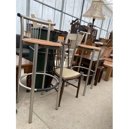 2684 - A PAIR OF 'CALLIGARI'S' HIGH BACK STOOLS ON POLISHED ALLOY FRAMES AND AN EDWARDIAN BEDROOM CHAIR