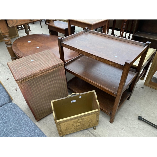 2719 - A LLOYD LOOM LINEN BOX, EMBOSSED BRASS MAGAZINE RACK AND THREE TIER TROLLEY