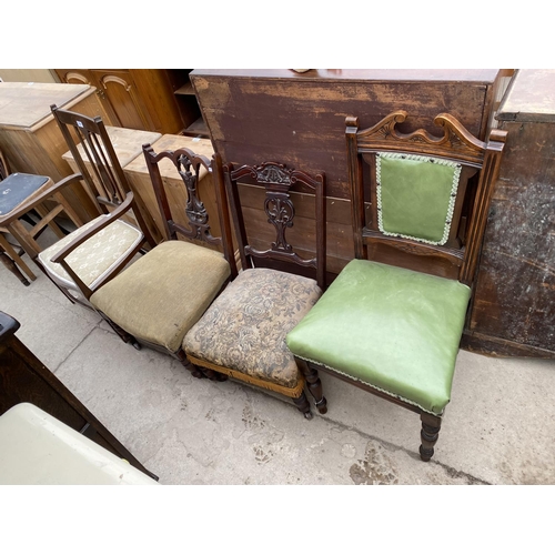 2747 - AN EDWARDIAN MAHOGANY AND INLAID ELBOW CHAIR, TWO EDWARDIAN NURSING CHAIR AND DINING CHAIR